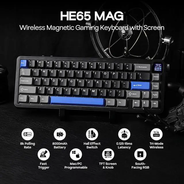 Alt view image 2 of 7 - EPOMAKER HE65 Mag Wireless Magnetic Keyboard with Knob and Screen, 8K Polling Rate in 2.4Ghz and Wired, Actuation-Adjustable Hall Effect Switch, 8000mAh Battery, Creamy Gasket-Mount (Black)