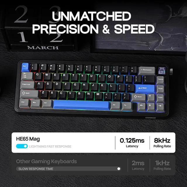 Alt view image 3 of 7 - EPOMAKER HE65 Mag Wireless Magnetic Keyboard with Knob and Screen, 8K Polling Rate in 2.4Ghz and Wired, Actuation-Adjustable Hall Effect Switch, 8000mAh Battery, Creamy Gasket-Mount (Black)