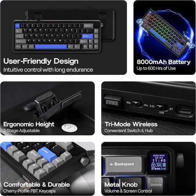 Alt view image 4 of 7 - EPOMAKER HE65 Mag Wireless Magnetic Keyboard with Knob and Screen, 8K Polling Rate in 2.4Ghz and Wired, Actuation-Adjustable Hall Effect Switch, 8000mAh Battery, Creamy Gasket-Mount (Black)