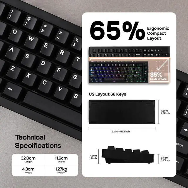 Alt view image 4 of 7 - EPOMAKER P65 QMK/VIA Wireless Aluminum Gaming Keyboard, Gasket-Mount, Bluetooth/2.4Ghz/USB(A to C), Hot Swappable, N-Key Rollover, for Mac/PC/PS/Xbox (Black, Zebra Switch)