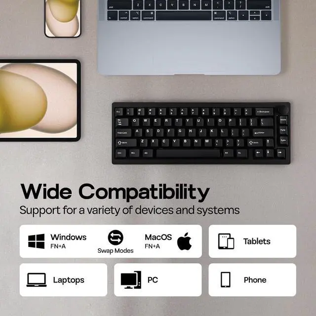 Alt view image 3 of 7 - EPOMAKER P65 QMK/VIA Wireless Aluminum Gaming Keyboard, Gasket-Mount, Bluetooth/2.4Ghz/USB(A to C), Hot Swappable, N-Key Rollover, for Mac/PC/PS/Xbox (Black, Zebra Switch)