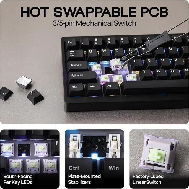 Alt view image 6 of 7 - EPOMAKER P65 QMK/VIA Wireless Aluminum Gaming Keyboard, Gasket-Mount, Bluetooth/2.4Ghz/USB(A to C), Hot Swappable, N-Key Rollover, for Mac/PC/PS/Xbox (Black, Zebra Switch)