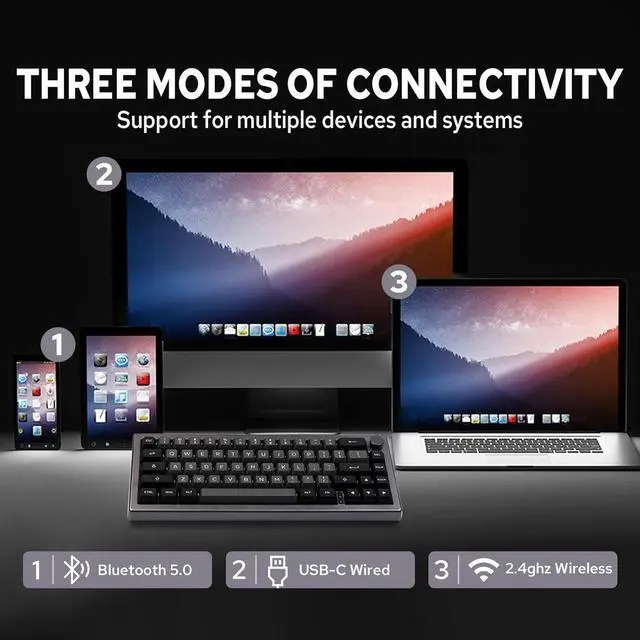 Alt view image 3 of 7 - EPOMAKER EK68 65% Wireless Gaming Keyboard, Hot Swappable Gasket Mechanical Keyboard with Metal Knob, Bluetooth 5.0/2.4Ghz Wireless/USB-C Wired Custom Keyboard (Black Silver, Flamingo Switch)