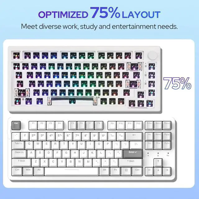 Alt view image 2 of 7 - EPOMAKER Aura75 75% Mechanical Keyboard Kit, Hot Swappable Custom Keyboard Kit, 2.4Ghz/Bluetooth 5.0/USB-C Wired Wireless Gaming DIY Kit, with Silicone Pad, RGB Backlight for Win/Mac/Gaming (White)