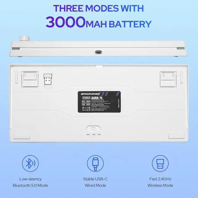 Alt view image 5 of 7 - EPOMAKER Aura75 75% Mechanical Keyboard Kit, Hot Swappable Custom Keyboard Kit, 2.4Ghz/Bluetooth 5.0/USB-C Wired Wireless Gaming DIY Kit, with Silicone Pad, RGB Backlight for Win/Mac/Gaming (White)