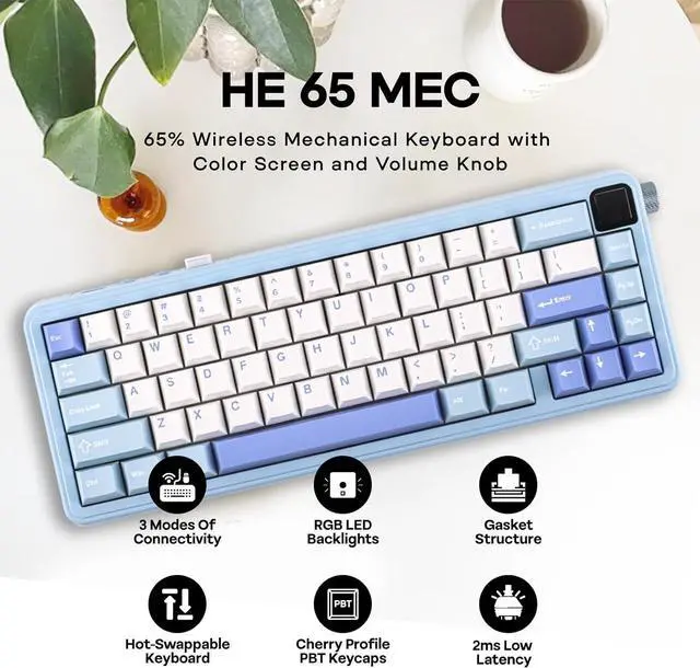 Alt view image 2 of 7 - EPOMAKER HE65 MEC Wireless Mechanical Keyboard with Screen and Knob, 0.2ms Latency, RGB Backlight, Gasket Mount, Hot Swappable, N-Key Rollover (BlueWhite)