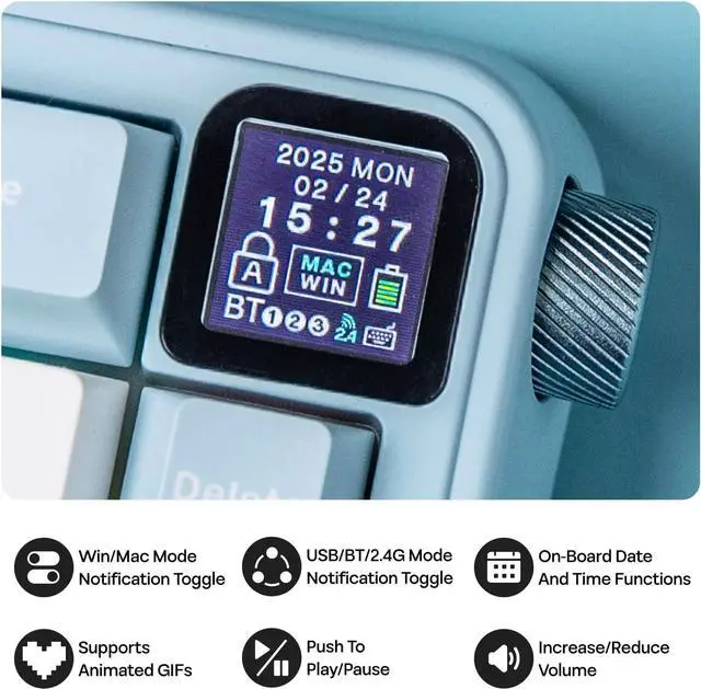 Alt view image 3 of 7 - EPOMAKER HE65 MEC Wireless Mechanical Keyboard with Screen and Knob, 0.2ms Latency, RGB Backlight, Gasket Mount, Hot Swappable, N-Key Rollover (BlueWhite)