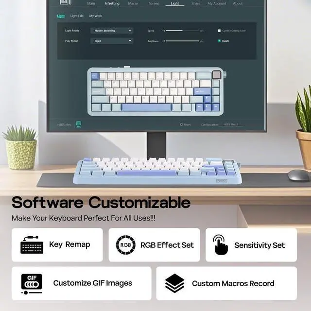Alt view image 4 of 7 - EPOMAKER HE65 MEC Wireless Mechanical Keyboard with Screen and Knob, 0.2ms Latency, RGB Backlight, Gasket Mount, Hot Swappable, N-Key Rollover (BlueWhite)