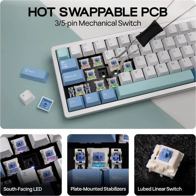 Alt view image 7 of 7 - Galaxy65 Wireless QMK/VIA Mechanical Keyboard, Ball-Catch Anodized Aluminum Custom Keyboard, Pre-Lubed Hot-Swappable Switch, RGB Backlit, Rotary Knob, 2.4Ghz/BT/Type-C (Silver)