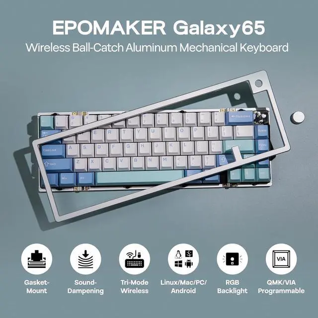 Alt view image 2 of 7 - Galaxy65 Wireless QMK/VIA Mechanical Keyboard, Ball-Catch Anodized Aluminum Custom Keyboard, Pre-Lubed Hot-Swappable Switch, RGB Backlit, Rotary Knob, 2.4Ghz/BT/Type-C (Silver)