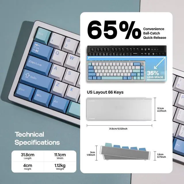 Alt view image 4 of 7 - Galaxy65 Wireless QMK/VIA Mechanical Keyboard, Ball-Catch Anodized Aluminum Custom Keyboard, Pre-Lubed Hot-Swappable Switch, RGB Backlit, Rotary Knob, 2.4Ghz/BT/Type-C (Silver)