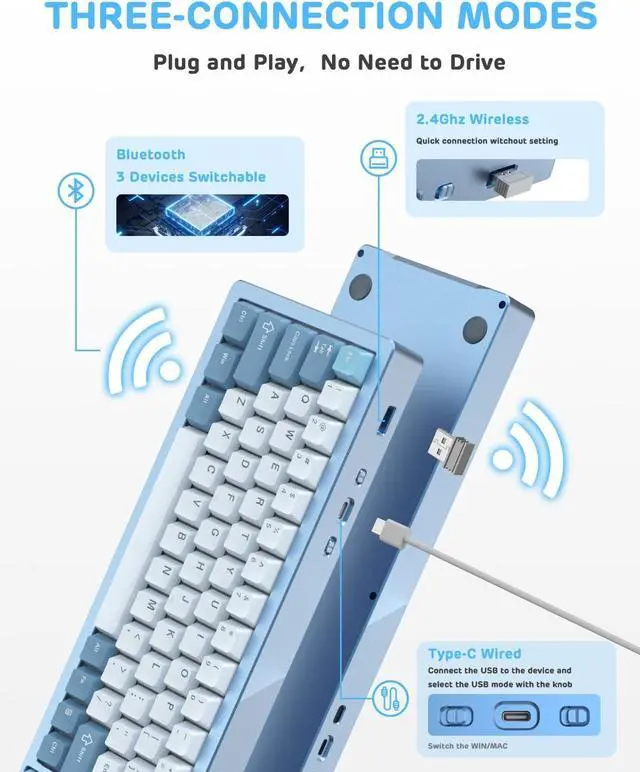 Alt view image 4 of 7 - M71 75% Wireless Mechanical Keyboard, 71 Keys Gaming Keyboard, Hot-swappable RGB Keyboard, CNC Aluminum Alloy Shell Keyboard, Bluetooth/2.4G/Wired, Gasket Mounted for PC/Windows/Mac (Blue)
