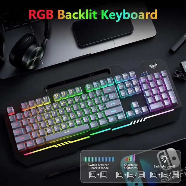 Alt view image 2 of 7 - AULA Keyboard, T102 104 Keys Gaming Keyboard and Mouse Combo with Rainbow Backlit Quiet Computer Keyboard, All-Metal Panel, Waterproof Light Up PC Keyboard, USB Wired Keyboard for MAC Xbox PC Gamers