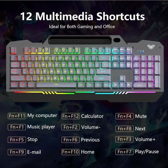 Alt view image 6 of 7 - AULA Keyboard, T102 104 Keys Gaming Keyboard and Mouse Combo with Rainbow Backlit Quiet Computer Keyboard, All-Metal Panel, Waterproof Light Up PC Keyboard, USB Wired Keyboard for MAC Xbox PC Gamers