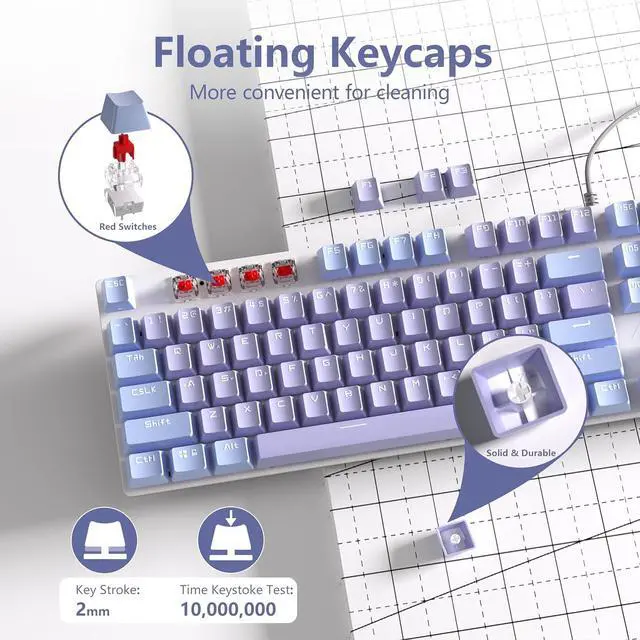 Alt view image 4 of 7 - AULA Keyboard, F2088 Pro 108 Keys Purple Mechanical Red Switches Keyboard with RGB Rainbow Backlit, Removable Upper Cover,Aesthetic Media Control Knob Programmable USB Wired Keyboards for MAC PC Gamer