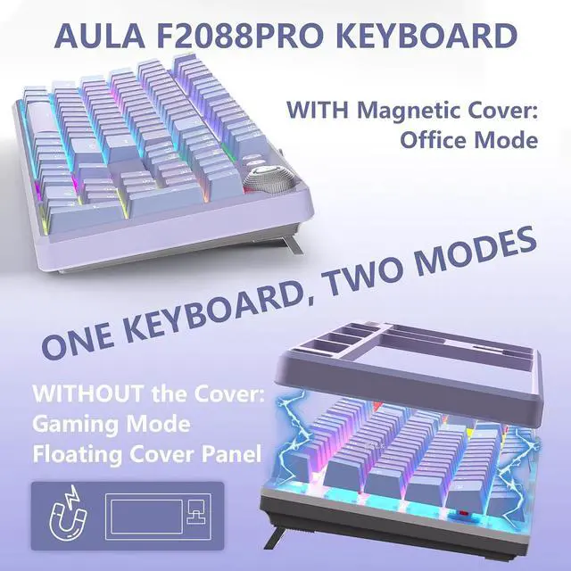 Alt view image 2 of 7 - AULA Keyboard, F2088 Pro 108 Keys Purple Mechanical Red Switches Keyboard with RGB Rainbow Backlit, Removable Upper Cover,Aesthetic Media Control Knob Programmable USB Wired Keyboards for MAC PC Gamer