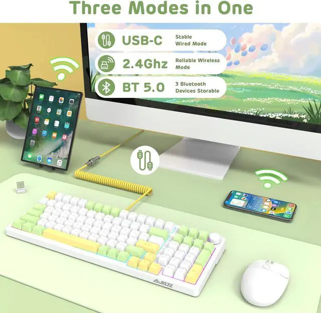 Alt view image 3 of 7 - AJAZZ AK992 Wireless Gaming Keyboard,2 in 1 Custom Coiled Cable,Illuminated RGB Hot Swappable Wireless Keyboard, Rechargeable 2.4G/BT5.0/Wired,PBT Keycaps Gasket Mount Knob for PC/Mac/PS4(Red Switch)