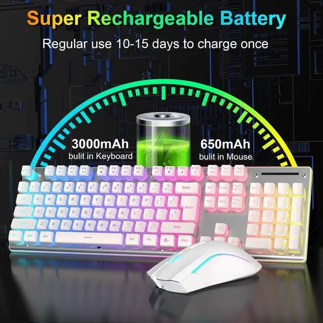 Alt view image 6 of 7 - Wireless Gaming Keyboard and Mouse Combo,Translucent Pudding Keycap,3650mAh Rechargeable Battery,RGB Ergonomic Mechanical Feel Keyboard,4800 DPi Rainbow Led Mute Mouse 2.4G USB for PC/Mac(White)