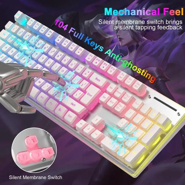 Alt view image 7 of 7 - Wireless Gaming Keyboard and Mouse Combo,Translucent Pudding Keycap,3650mAh Rechargeable Battery,RGB Ergonomic Mechanical Feel Keyboard,4800 DPi Rainbow Led Mute Mouse 2.4G USB for PC/Mac(White)