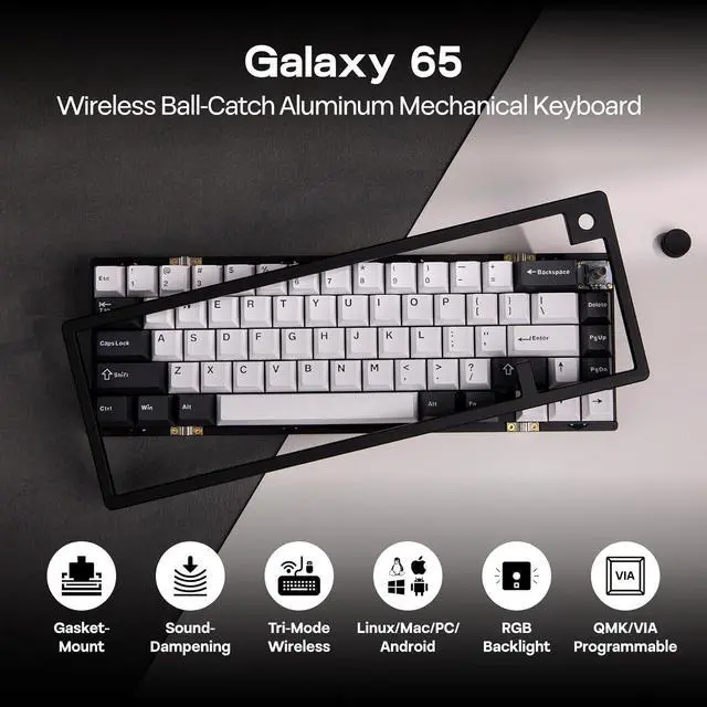 Alt view image 2 of 7 - EPOMAKER Galaxy65 Wireless QMK/VIA Mechanical Keyboard, Ball-Catch Anodized Aluminum Custom Keyboard, Pre-Lubed Hot-Swappable Switch, RGB Backlit, Rotary Knob, 2.4Ghz/BT/Type-C (Black)