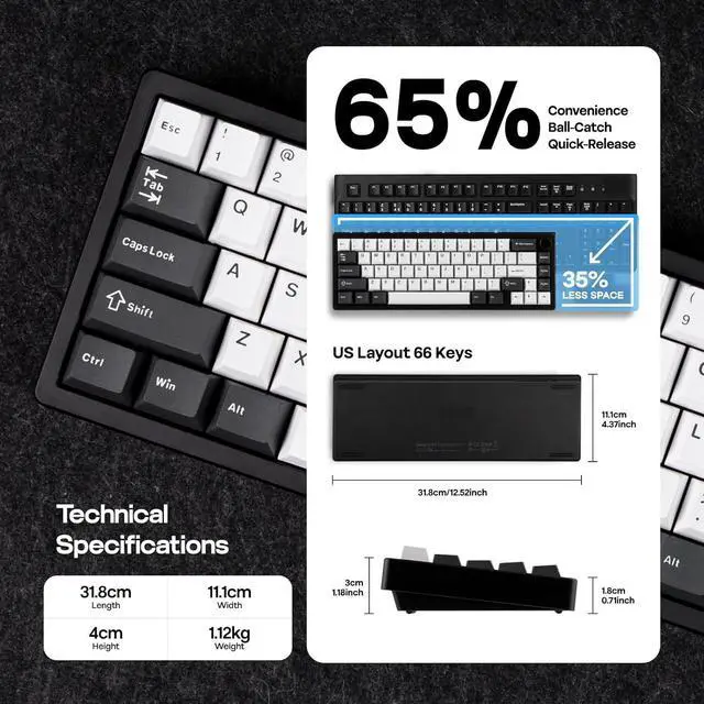 Alt view image 4 of 7 - EPOMAKER Galaxy65 Wireless QMK/VIA Mechanical Keyboard, Ball-Catch Anodized Aluminum Custom Keyboard, Pre-Lubed Hot-Swappable Switch, RGB Backlit, Rotary Knob, 2.4Ghz/BT/Type-C (Black)