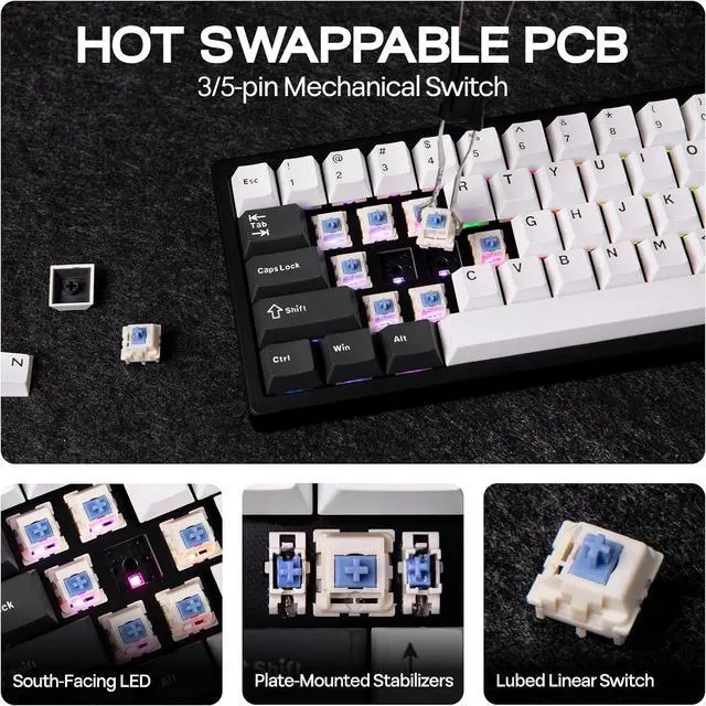 Alt view image 7 of 7 - EPOMAKER Galaxy65 Wireless QMK/VIA Mechanical Keyboard, Ball-Catch Anodized Aluminum Custom Keyboard, Pre-Lubed Hot-Swappable Switch, RGB Backlit, Rotary Knob, 2.4Ghz/BT/Type-C (Black)