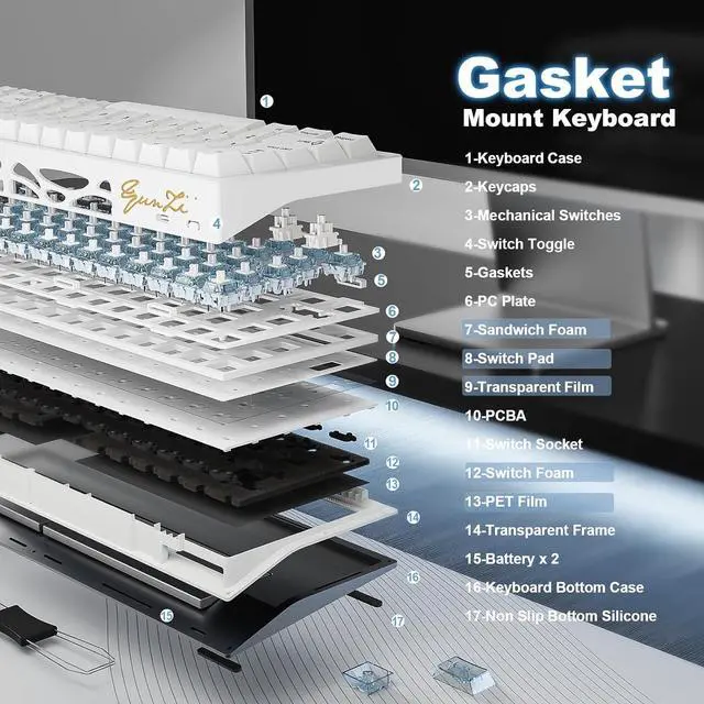 Alt view image 3 of 7 - YUNZII AL65 Wireless Mechanical Keyboard, Full Aluminum CNC,Support QMK/VIA Software Gasket Structure,60% Hot Swappable with RGB Backlit BT/2.4G/USB-C for Mac/Windows (White, Gateron Zero)