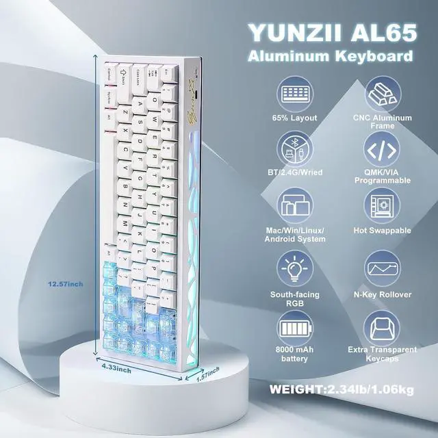 Alt view image 2 of 7 - YUNZII AL65 Wireless Mechanical Keyboard, Full Aluminum CNC,Support QMK/VIA Software Gasket Structure,60% Hot Swappable with RGB Backlit BT/2.4G/USB-C for Mac/Windows (White, Gateron Zero)
