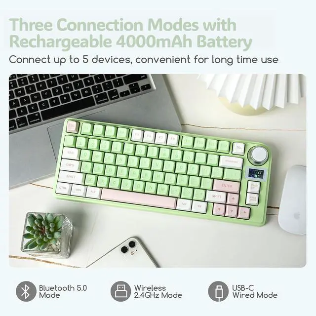 Alt view image 3 of 7 - EPOMAKER TH80-X Gasket Mechanical Keyboard, 75% Layout Triple Mode Hot-swap Gaming Keyboard, with 4000mAh Battery, LCD Screen, NKRO, RGB for Office/Win/Mac (Pink Green, Gateron Pro Black)