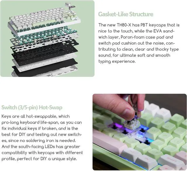 Alt view image 4 of 7 - EPOMAKER TH80-X Gasket Mechanical Keyboard, 75% Layout Triple Mode Hot-swap Gaming Keyboard, with 4000mAh Battery, LCD Screen, NKRO, RGB for Office/Win/Mac (Pink Green, Gateron Pro Black)