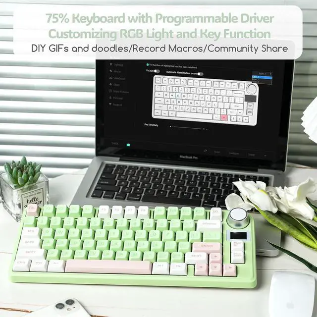 Alt view image 6 of 7 - EPOMAKER TH80-X Gasket Mechanical Keyboard, 75% Layout Triple Mode Hot-swap Gaming Keyboard, with 4000mAh Battery, LCD Screen, NKRO, RGB for Office/Win/Mac (Pink Green, Gateron Pro Black)