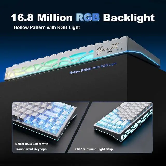 Alt view image 7 of 7 - YUNZII AL65 Wireless Mechanical Keyboard, Full Aluminum CNC,Support QMK/VIA Software Gasket Structure,60% Hot Swappable with RGB Backlit BT/2.4G/USB-C for Mac/Windows (White, Gateron Zero)