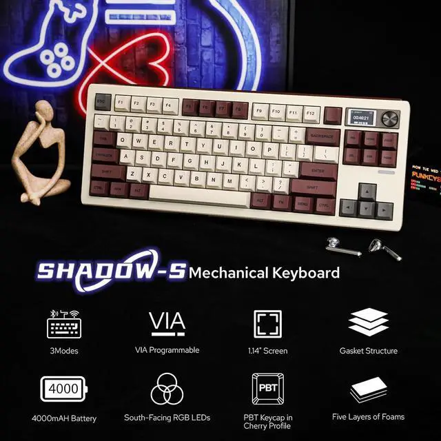 Alt view image 2 of 7 - EPOMAKER Shadow-S VIA Wireless Gaming Keyboard, Gasket Mechanical Keyboard, with 1.14 inch Programmable Smart Screen, Bluetooth/2.4Ghz/USB-C Wired Creamy Keyboard (White Brown, Flamingo Switch)