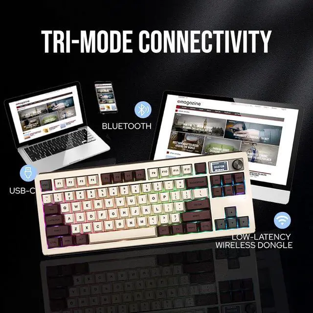 Alt view image 4 of 7 - EPOMAKER Shadow-S VIA Wireless Gaming Keyboard, Gasket Mechanical Keyboard, with 1.14 inch Programmable Smart Screen, Bluetooth/2.4Ghz/USB-C Wired Creamy Keyboard (White Brown, Flamingo Switch)