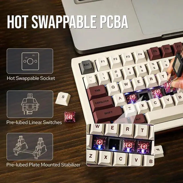 Alt view image 5 of 7 - EPOMAKER Shadow-S VIA Wireless Gaming Keyboard, Gasket Mechanical Keyboard, with 1.14 inch Programmable Smart Screen, Bluetooth/2.4Ghz/USB-C Wired Creamy Keyboard (White Brown, Flamingo Switch)