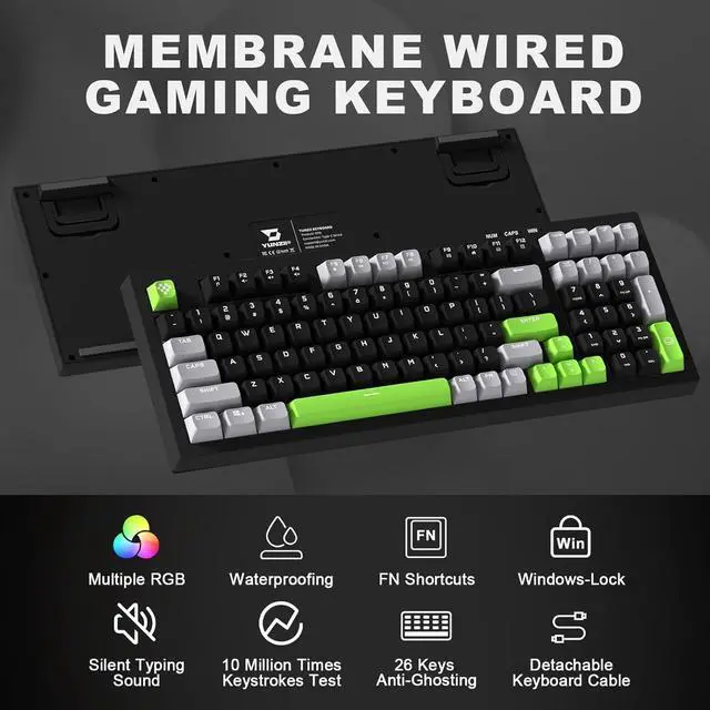 Alt view image 2 of 7 - YUNZII D98 Gaming Keyboard, RGB Backlit Quite Keyboard for Office, Full Numpad, Spill Resistance, Anti-ghosting USB Wired Membrane Keyboard 98 Keys for PC Gaming Office (Black&Green)