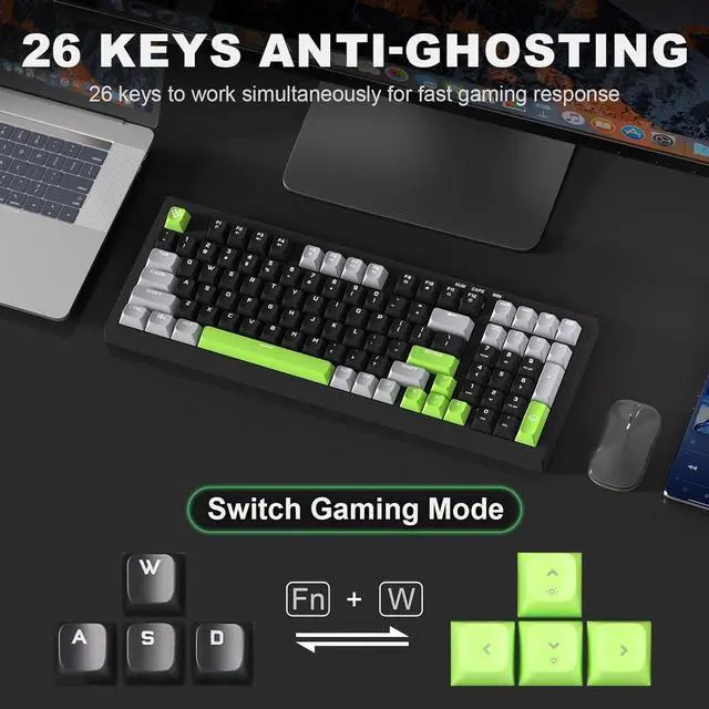 Alt view image 3 of 7 - YUNZII D98 Gaming Keyboard, RGB Backlit Quite Keyboard for Office, Full Numpad, Spill Resistance, Anti-ghosting USB Wired Membrane Keyboard 98 Keys for PC Gaming Office (Black&Green)