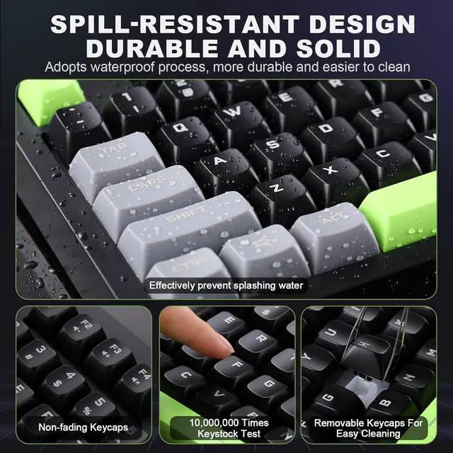 Alt view image 4 of 7 - YUNZII D98 Gaming Keyboard, RGB Backlit Quite Keyboard for Office, Full Numpad, Spill Resistance, Anti-ghosting USB Wired Membrane Keyboard 98 Keys for PC Gaming Office (Black&Green)