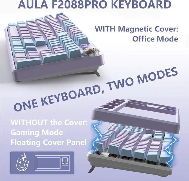 Alt view image 2 of 7 - AULA F2088 Pro Keyboard, 108 Keys Purple Mechanical Keyboard with RGB Rainbow Backlit, Removable Upper Cover, Aesthetic Media Knob Red Switches Programmable Keys USB Wired Keyboards for MAC PC Gamer