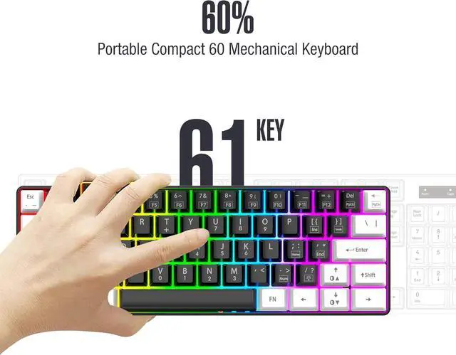 Alt view image 2 of 7 - 60% Wired Gaming Keyboard, RGB Backlit Ultra Compact Mini Keyboard, Waterproof Mini Compact 61-Key for PC/Mac Gamers, Typist, Travel, Easy Travel (Black & White)
