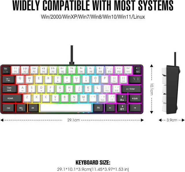 Alt view image 6 of 7 - 60% Wired Gaming Keyboard, RGB Backlit Ultra Compact Mini Keyboard, Waterproof Mini Compact 61-Key for PC/Mac Gamers, Typist, Travel, Easy Travel (Black & White)