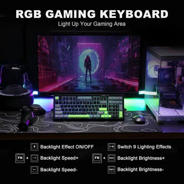 Alt view image 6 of 7 - YUNZII D98 Gaming Keyboard, RGB Backlit Quite Keyboard for Office, Full Numpad, Spill Resistance, Anti-ghosting USB Wired Membrane Keyboard 98 Keys for PC Gaming Office (Black&Green)