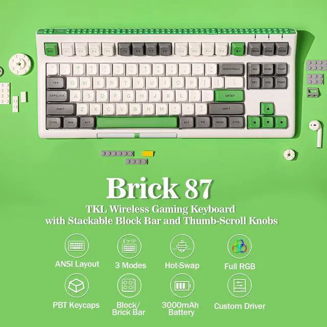 Alt view image 2 of 7 - EPOMAKER Brick 87 Tri-Mode TKL Mechanical Keyboard with Stackable Block Bar, Thumb-Scroll Knobs, Hot Swappable Gaming Keyboard, 3000mAh Battery, RGB, for Win/Mac (Grey Green, Wisteria Linear Switch)