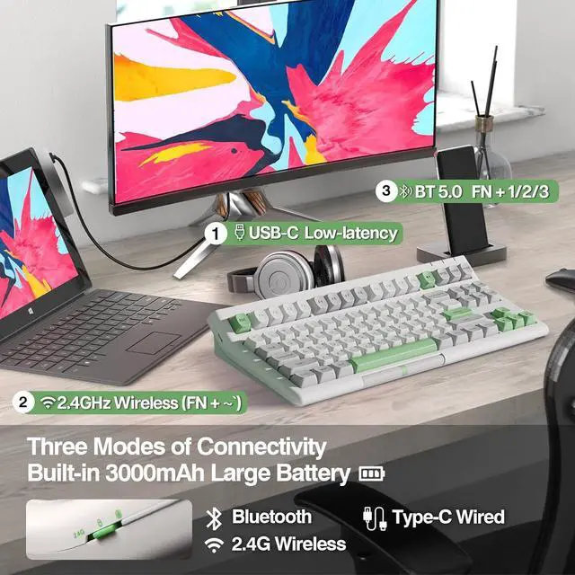 Alt view image 3 of 7 - EPOMAKER Brick 87 Tri-Mode TKL Mechanical Keyboard with Stackable Block Bar, Thumb-Scroll Knobs, Hot Swappable Gaming Keyboard, 3000mAh Battery, RGB, for Win/Mac (Grey Green, Wisteria Linear Switch)