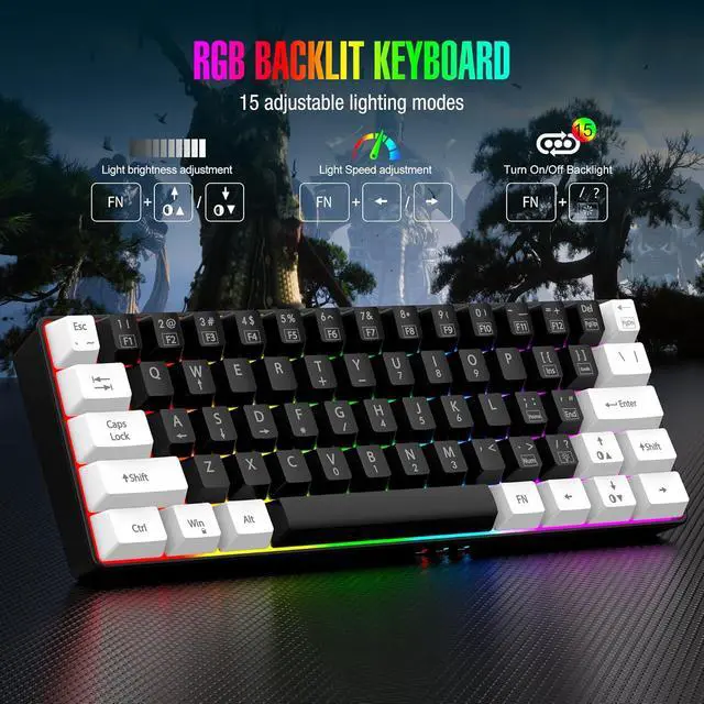Alt view image 3 of 7 - 60% Wired Gaming Keyboard, RGB Backlit Ultra Compact Mini Keyboard, Waterproof Mini Compact 61-Key for PC/Mac Gamers, Typist, Travel, Easy Travel (Black & White)