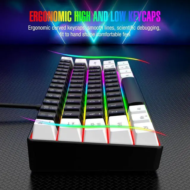 Alt view image 5 of 7 - 60% Wired Gaming Keyboard, RGB Backlit Ultra Compact Mini Keyboard, Waterproof Mini Compact 61-Key for PC/Mac Gamers, Typist, Travel, Easy Travel (Black & White)