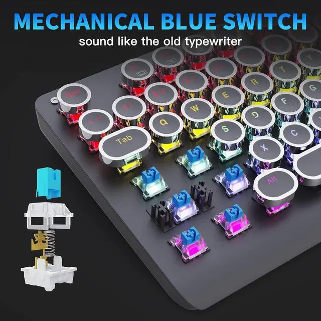 Alt view image 2 of 7 - E-YOOSO Wired Mechanical Keyboard with Backlit, Blue Switch, Retro Typewriter Gaming Keyboard, Light Up Letters, 104 Round Key for Game, Office, Computer, Laptop, PC, Desktop