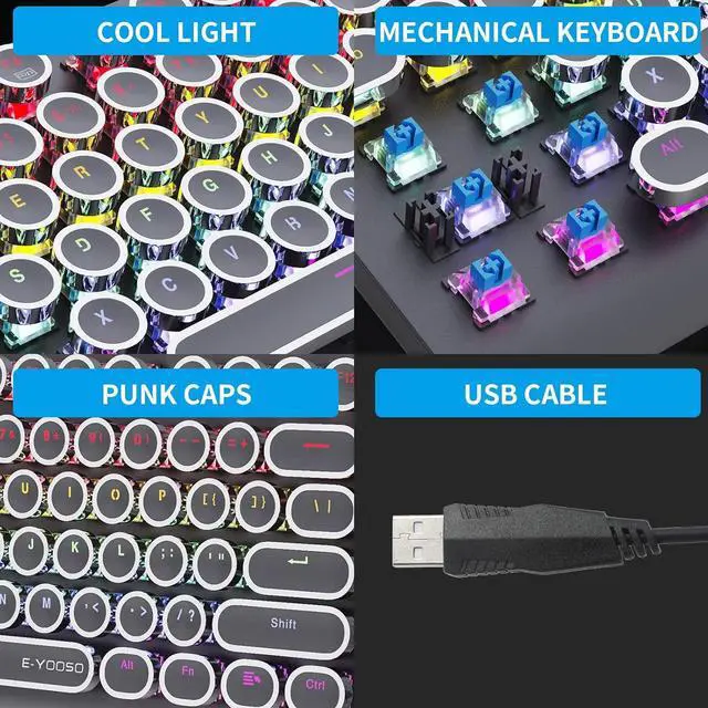 Alt view image 6 of 7 - E-YOOSO Wired Mechanical Keyboard with Backlit, Blue Switch, Retro Typewriter Gaming Keyboard, Light Up Letters, 104 Round Key for Game, Office, Computer, Laptop, PC, Desktop