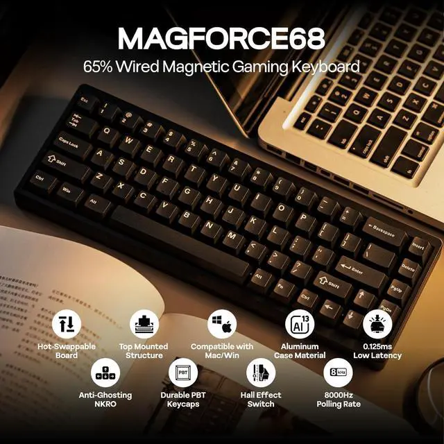 Alt view image 2 of 7 - EPOMAKER Magforce68 Wired Gaming Keyboard with Hall Effect Switch, Aluminum Magnetic Keyboard, Ultra Fast Adjustable Actuation, 8K Polling Rate (Gateron Magnetic Jade Pro Switch)