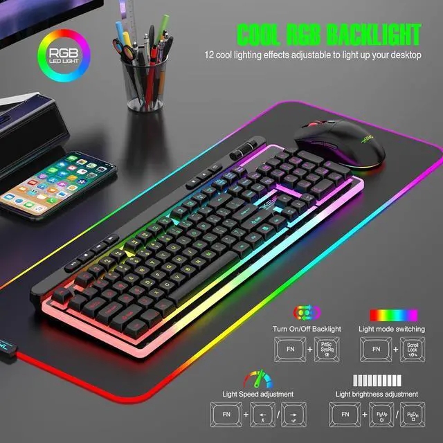 Alt view image 2 of 7 - Wireless Keyboard and Mouse Combo, Gaming Keyboard Rechargeable Cool RGB Backlight, 7KEYS Full-Size Keyboard with Ergonomic, Light up Gaming Mouse 3200 DPI for PC Desk/Laptop/MAC